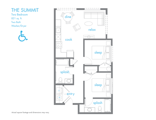 Floor plan for 2 beds, 2 baths, 821 sqft